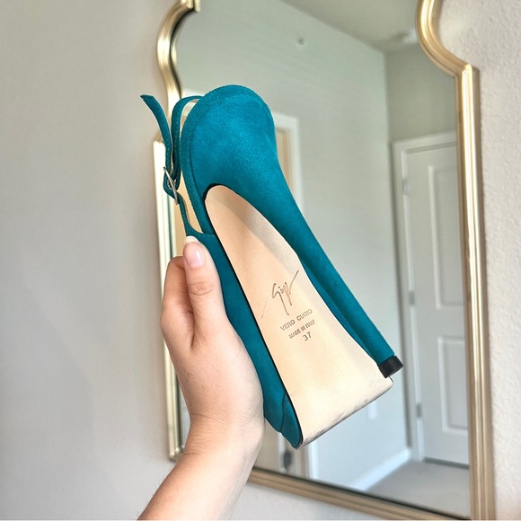 Giuseppe Zanotti Platform Stiletto High Heel Women’s Size 37 Suede Teal Peep Toe - Picture 5 of 6